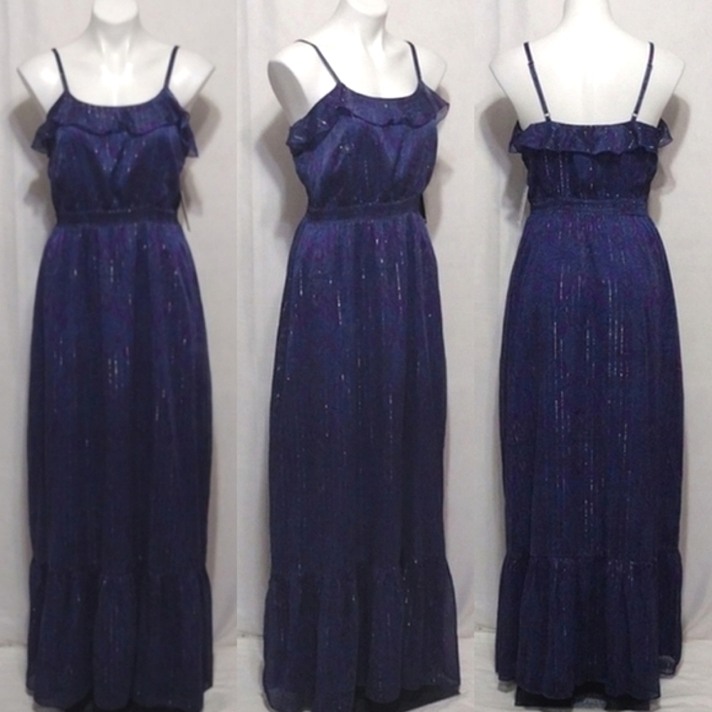 Express NWT Metallic Purple Chiffon Maxi Dress M Ruffle Spaghetti Straps Boho